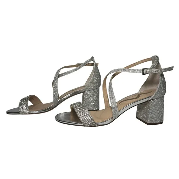 Nina Women's Silver Glitter Block Heel Sandals Sparkle Ankle Strap Shoes 7W - Picture 4 of 6